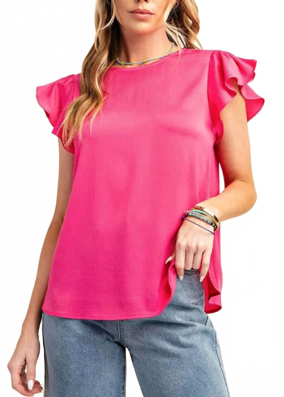 NEW KORI cap ruffle sleeve top - plus in hot pink